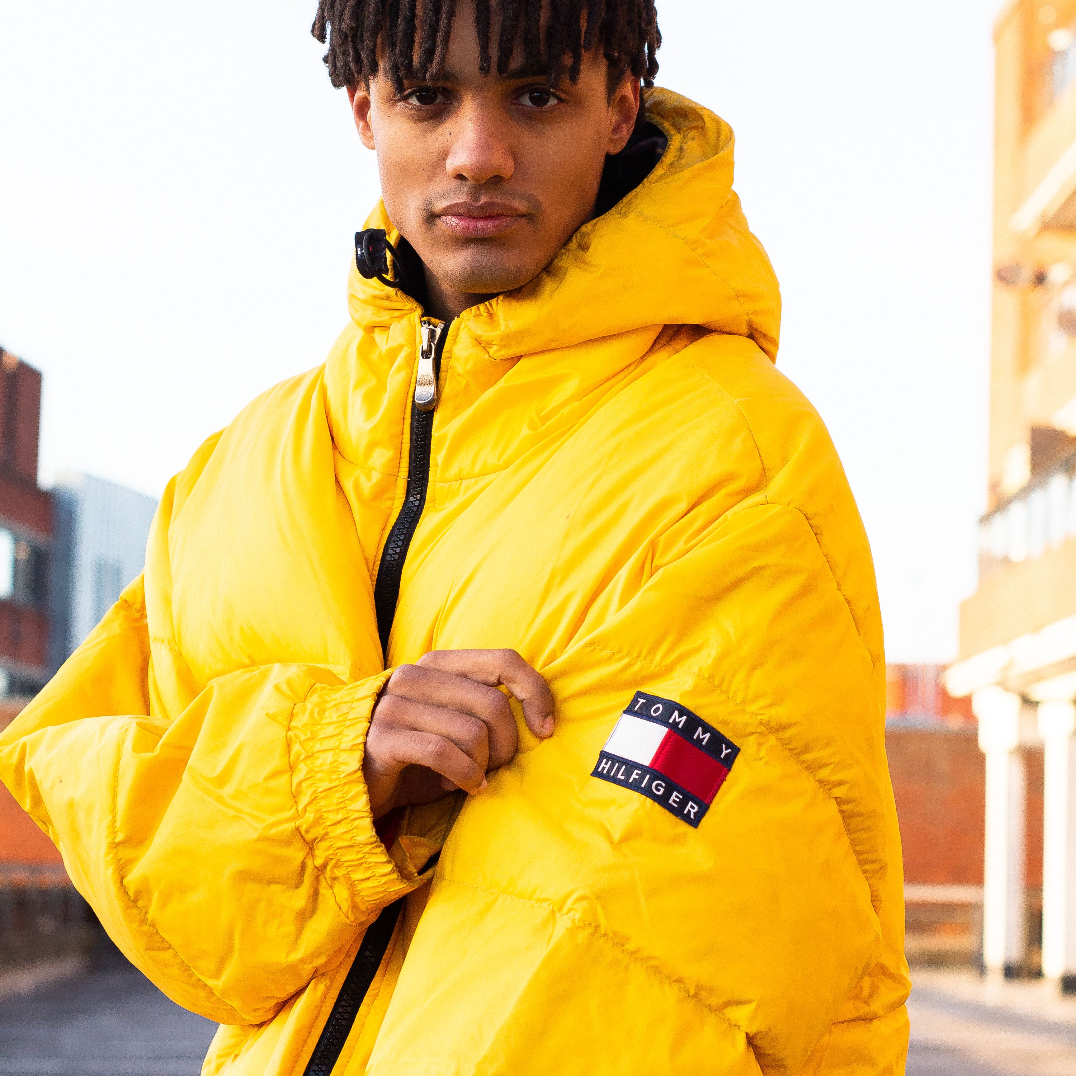 Tommy Hilfiger Patch Logo Down Puffer Jacket in Yellow and Blue puffy  Vintage