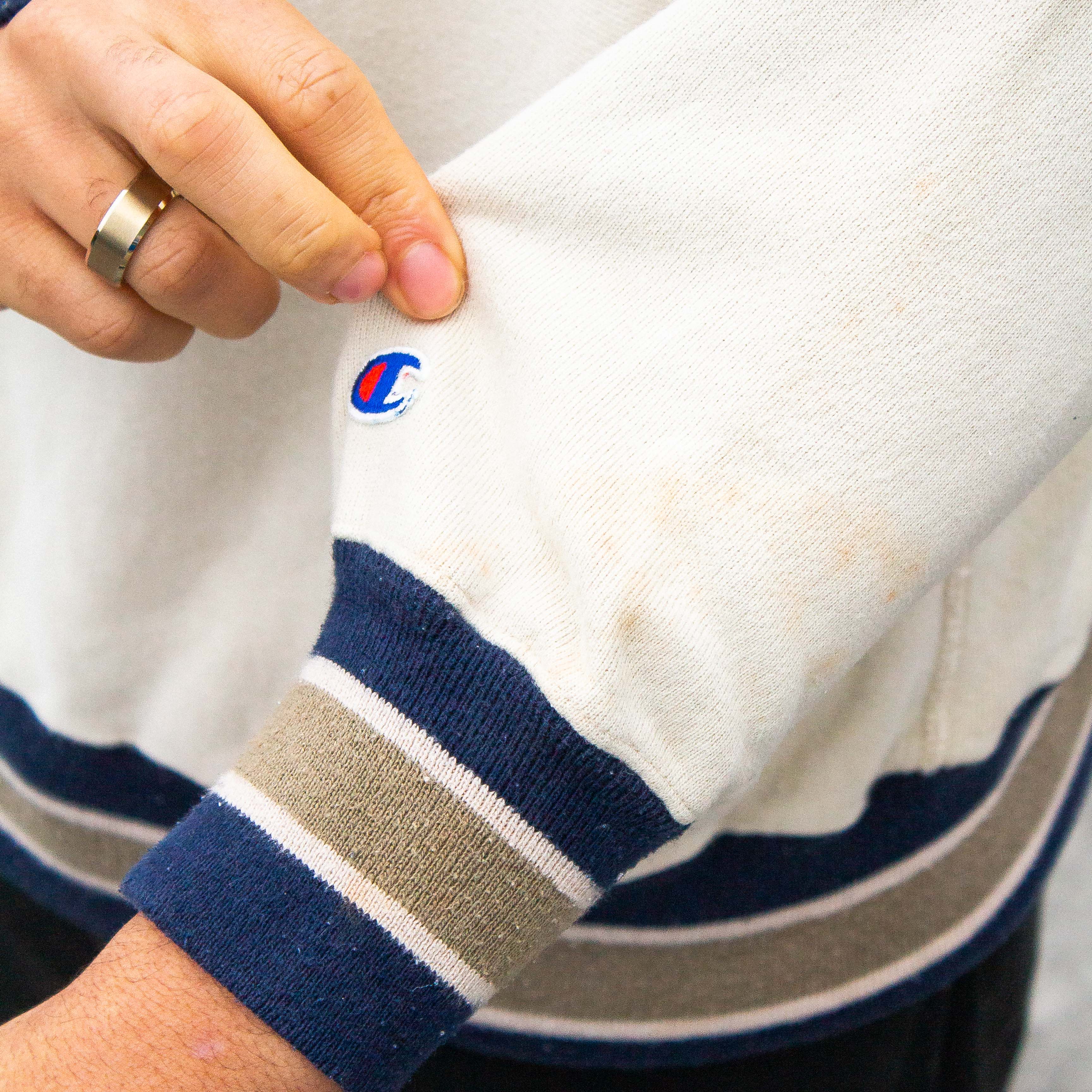 Champion Reverse Weave 90's Embroidered Spellout Ringer Sweatshirt in Beige  and Navy