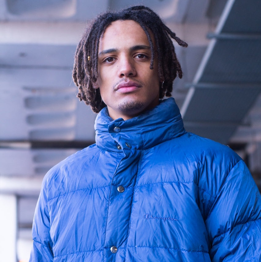 Champion subtle spellout puffer jacket in royal blue