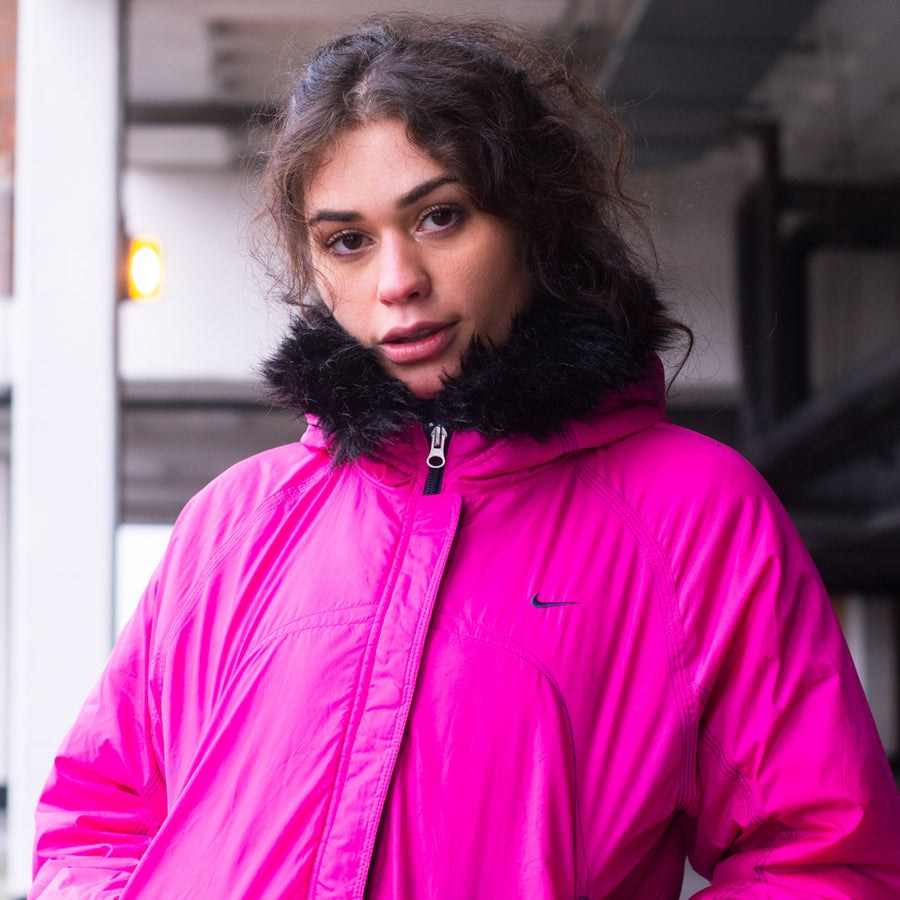 Nike Early 00's Embroidered Swoosh Down Puffer Jacket in Pink and Black