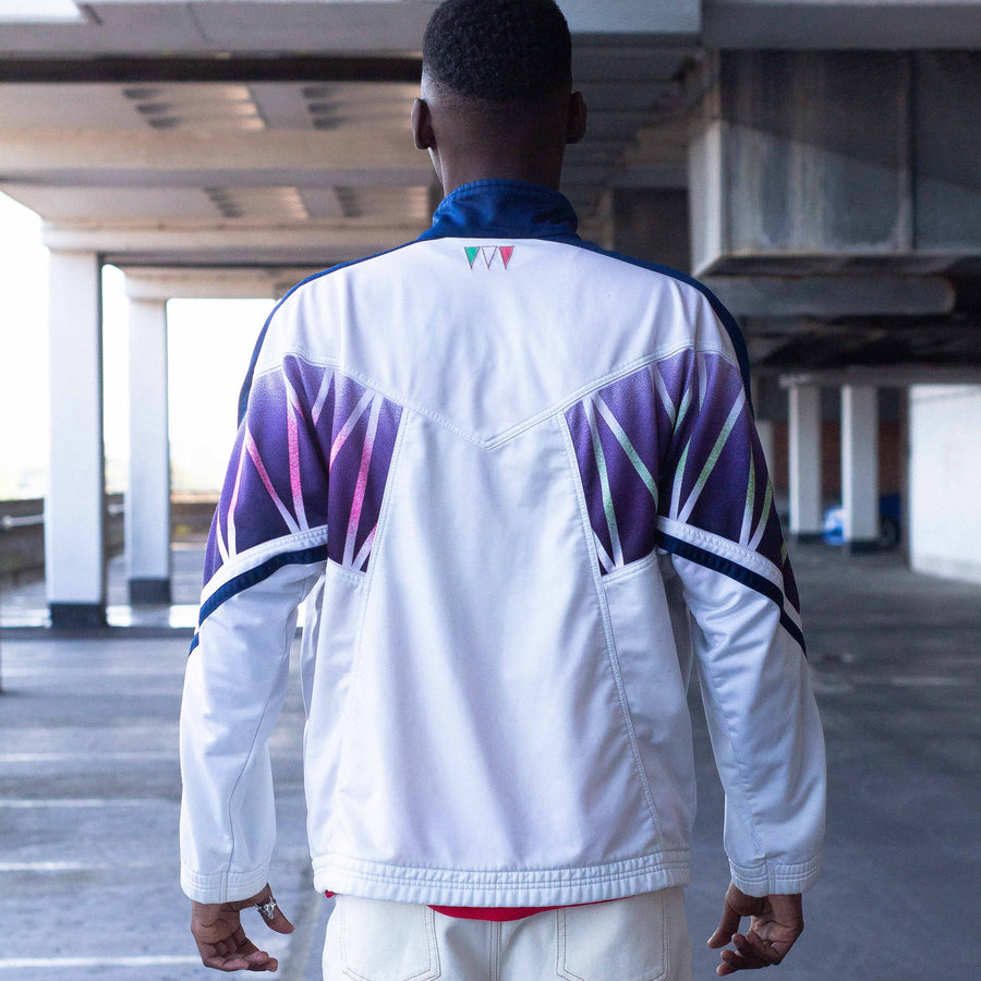Diadora 90's Italy Football Embroidered Spellout Tracksuit Jacket in White, Blue and Pink