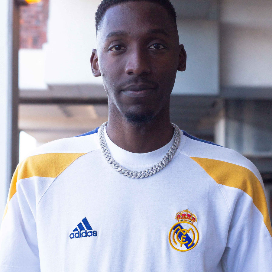 Adidas Late 90's Real Madrid Embroidered Logo T-Shirt in White, Blue and Yellow