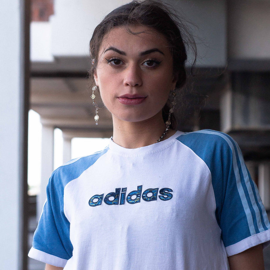 Adidas 00's Embroidered Spellout T-Shirt in White and Blue
