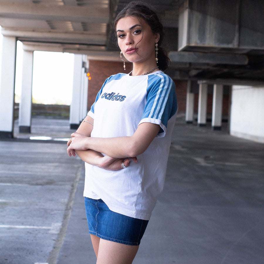 Adidas 00's Embroidered Spellout T-Shirt in White and Blue