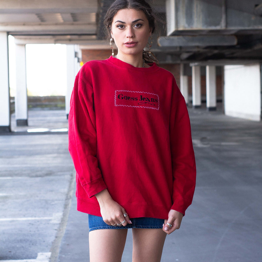Guess Jeans 90's Embroidered Spellout Sweatshirt in Red