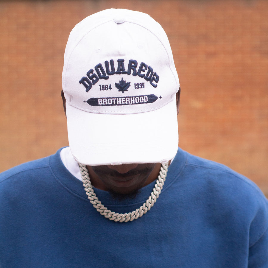 Dsquared Embroidered Spellout Cap in White and Navy