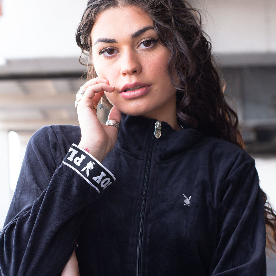 Playboy Embroidered Logo Velour Tracksuit Jacket in Black and White