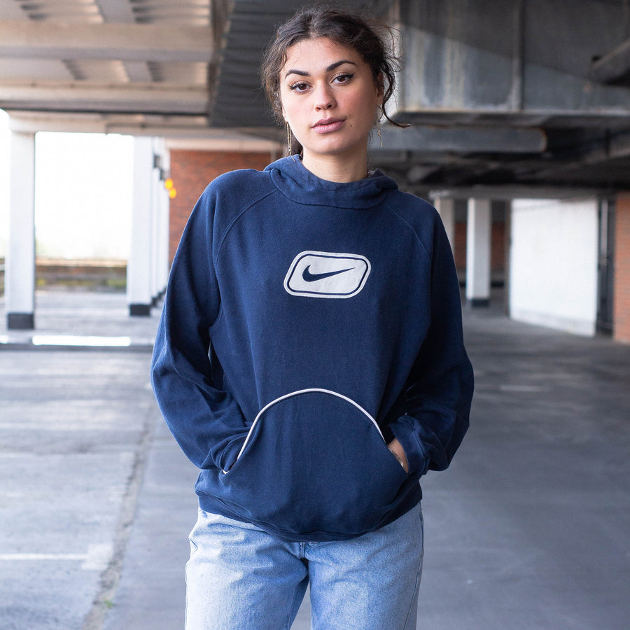 Nike Early 00's Embroidered Central Swoosh hoodie in Navy and White