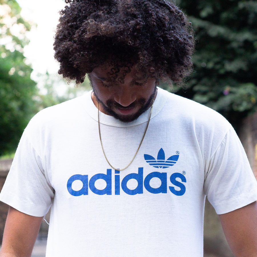 Adidas Early 80's Single Stitch Spellout & Trefoils T-Shirt in White and Blue