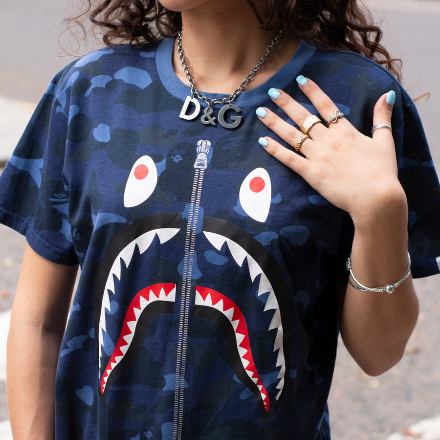 A Bathing Ape Repeat Logo Shark T-Shirt in a Blue Camo