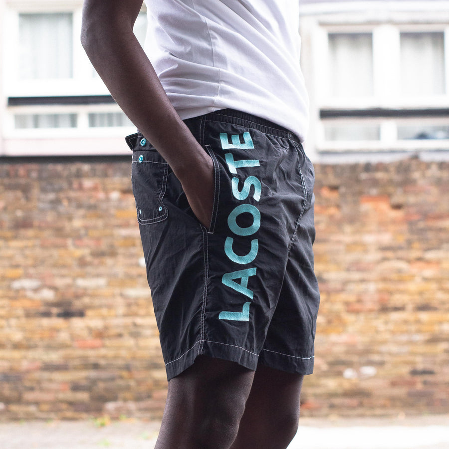Lacoste Embroidered Spellout Swimming Trunks / Shorts in Black and Blue