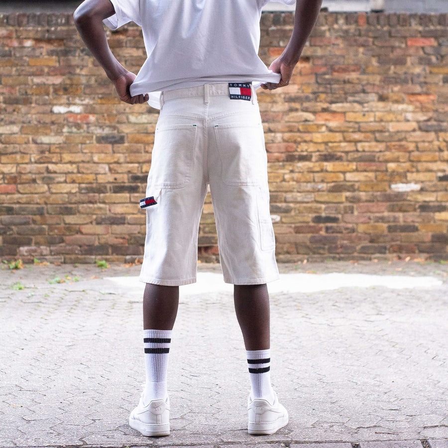 Tommy Hilfiger 90's Flag Logo Carpenter Denim Shorts in White