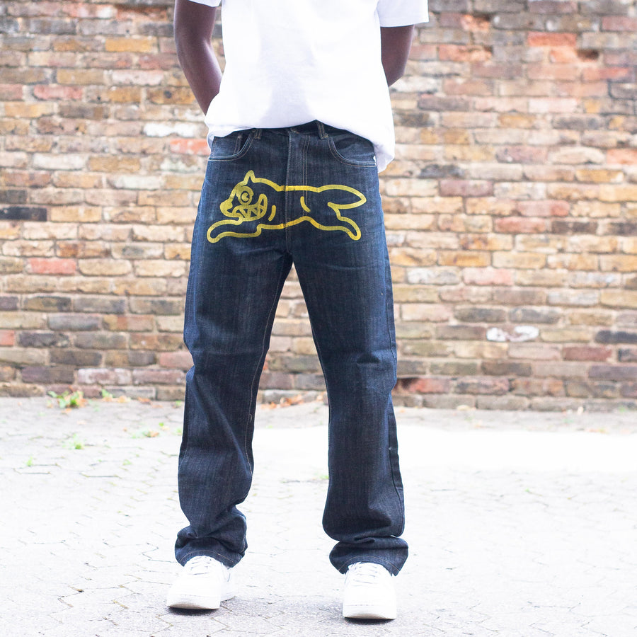 BAPE x Billionaire Boys Club Running Dog & Astronaut Jeans in Blue and Yellow