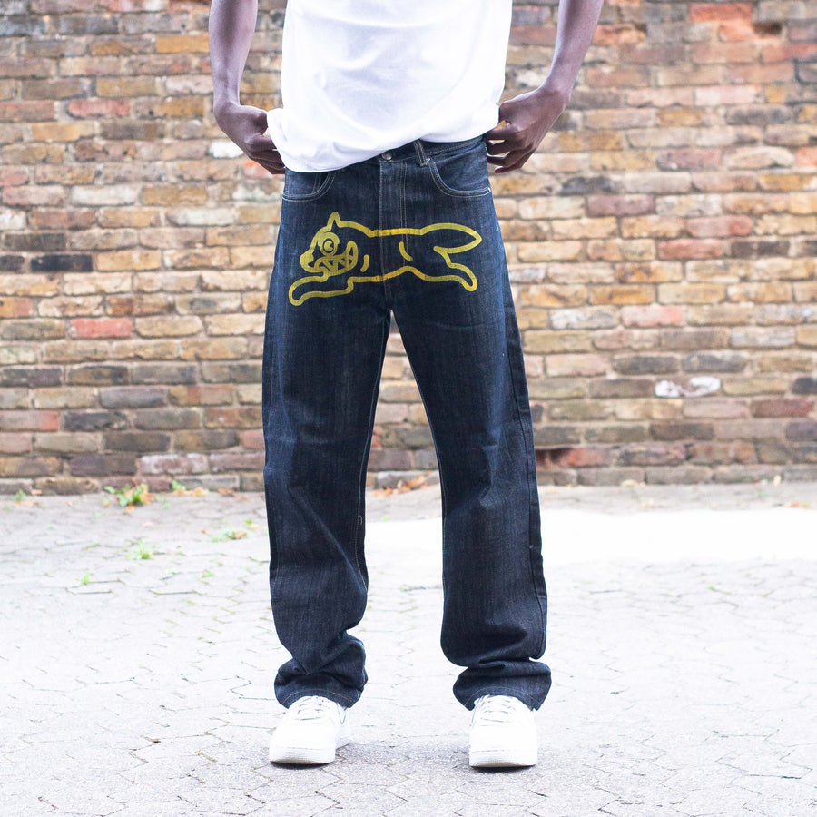 BAPE x Billionaire Boys Club Running Dog & Astronaut Jeans in Blue and Yellow