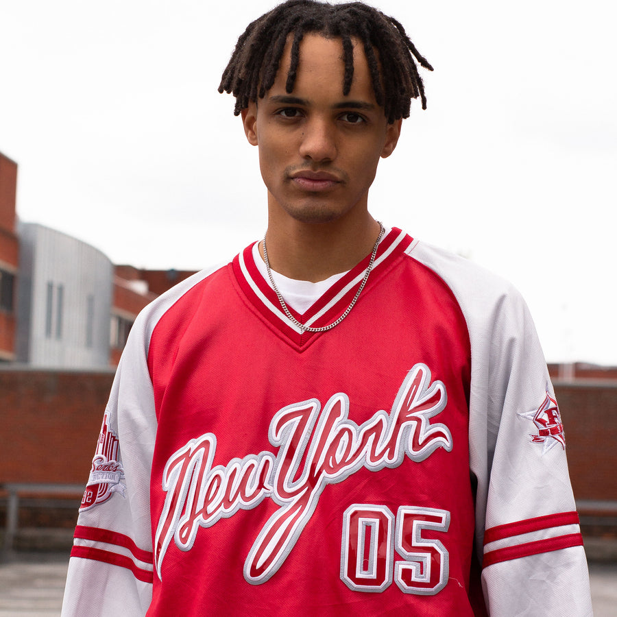 FUBU 90's Embroidered Spellout Ringer Sweatshirt in Red and Grey