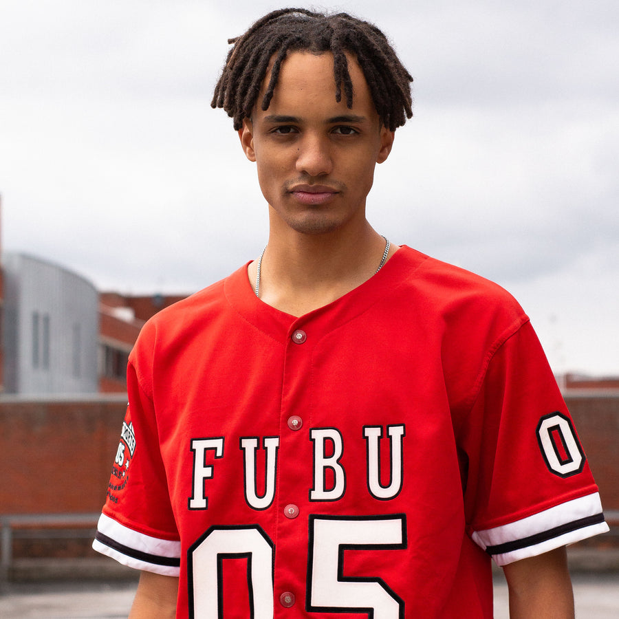 FUBU 1992 Rubber Spellout Jersey / Short Sleeve Shirt in Red and White