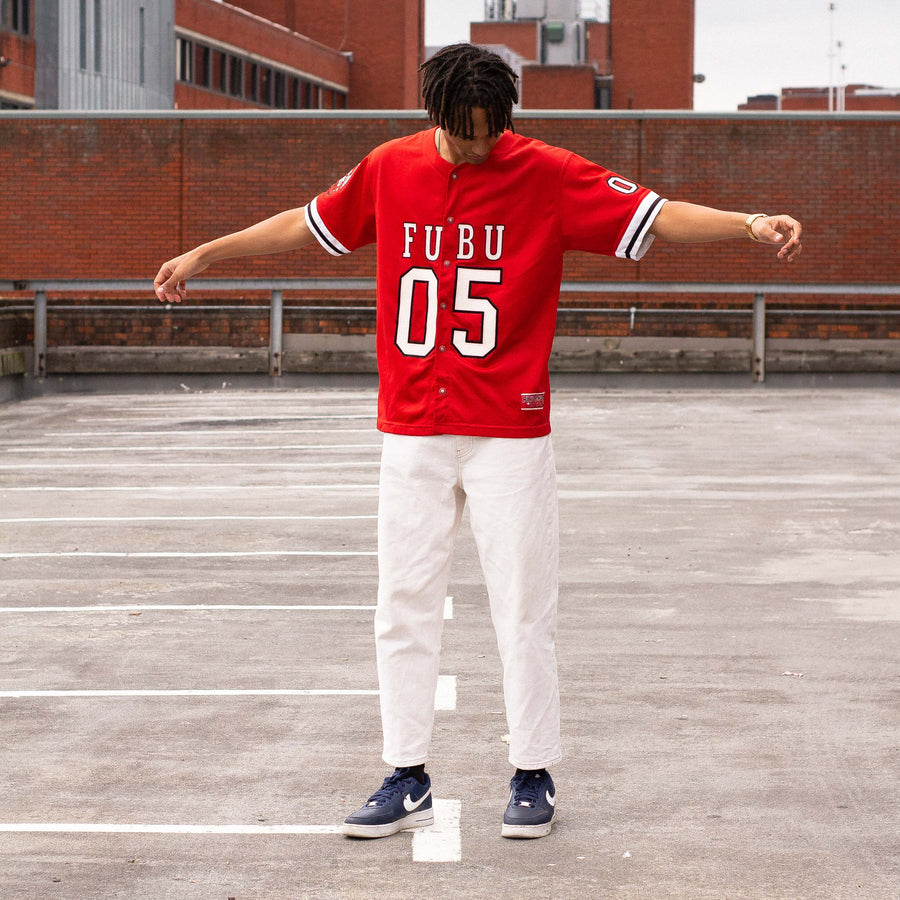 FUBU 1992 Rubber Spellout Jersey / Short Sleeve Shirt in Red and White