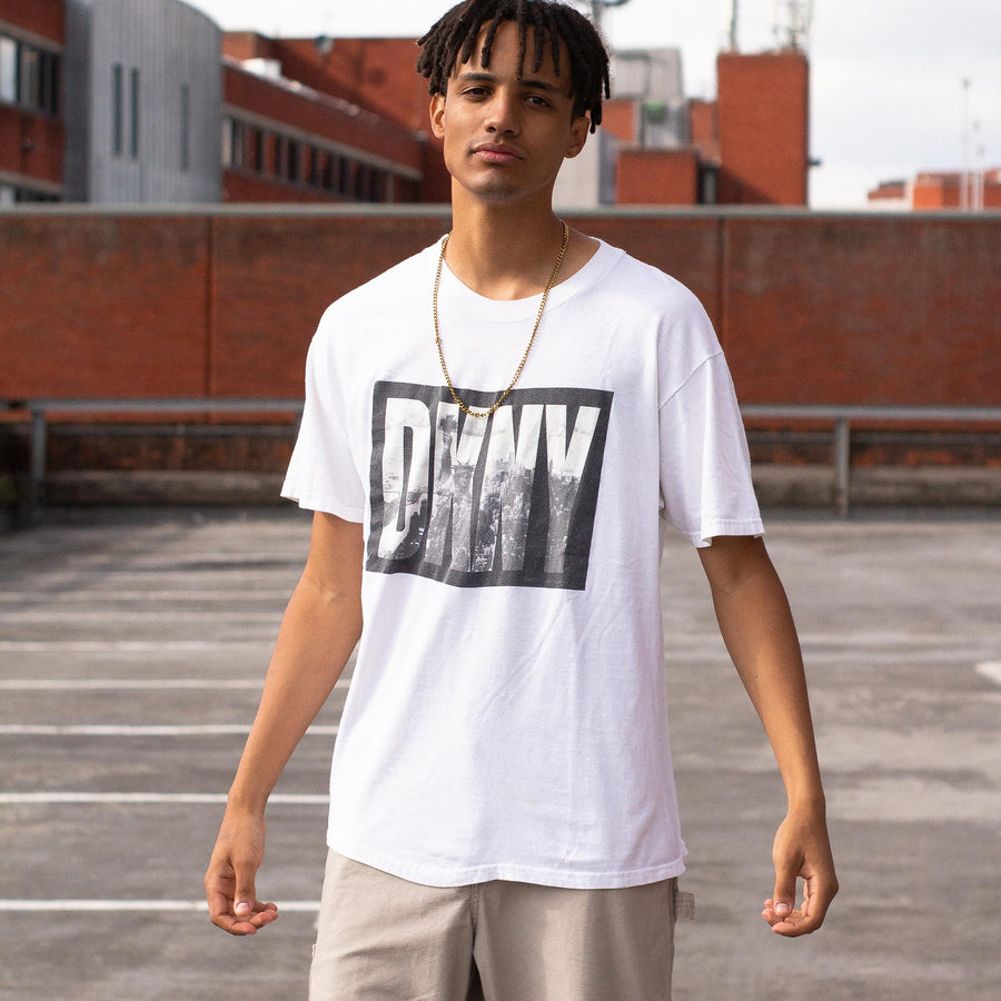 DKNY 00's Spellout Graphic T-Shirt in White and Black