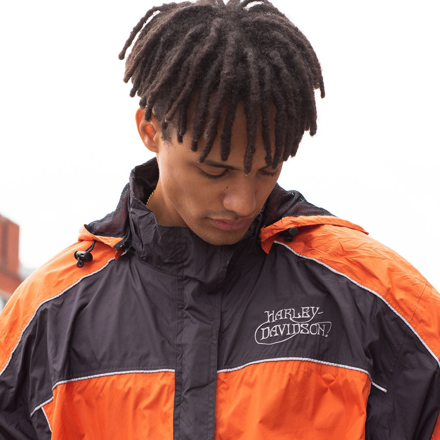 Harley Davidson Embroidered Spellout Waterproof Parka Jacket in Orange and Black
