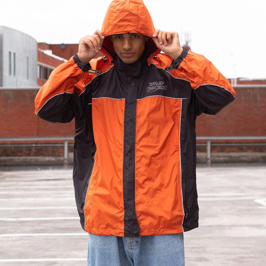 Harley Davidson Embroidered Spellout Waterproof Parka Jacket in Orange and Black