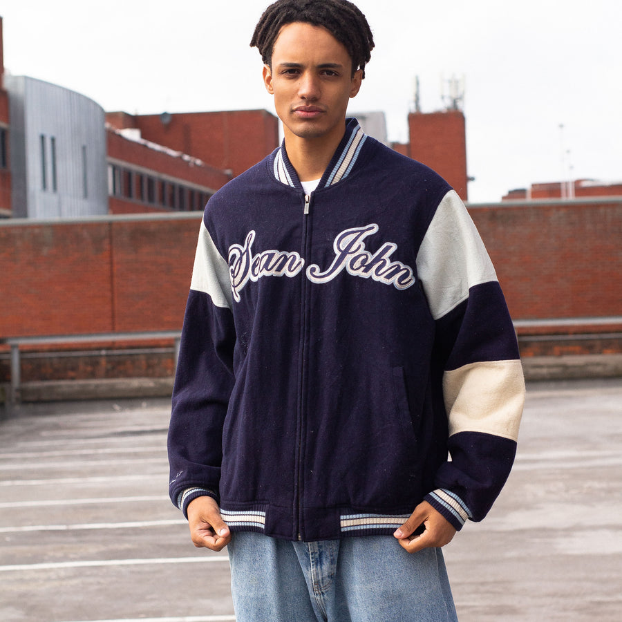 Sean John Late 90's Embroidered Spellout Letterman Jacket in a Two Tone Blue and Cream