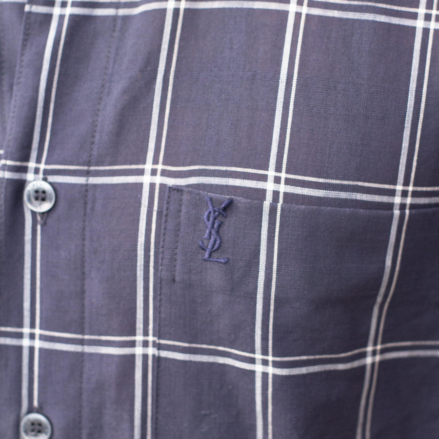 Yves Saint Laurent 90's Embroidered Logo Short Sleeve Shirt in a Checked Navy and Grey