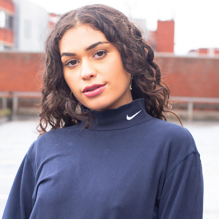 Nike Early 00's Embroidered Swoosh Turtleneck / Roll Neck in Navy and White