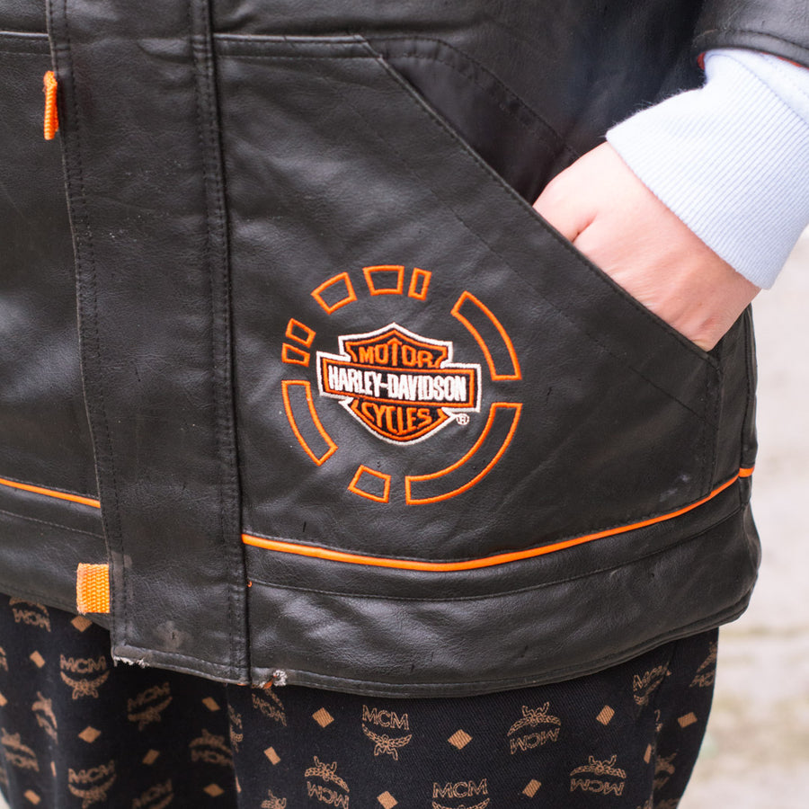 Harley Davidson Embroidered Spellout Leather Jacket in Black and Orange