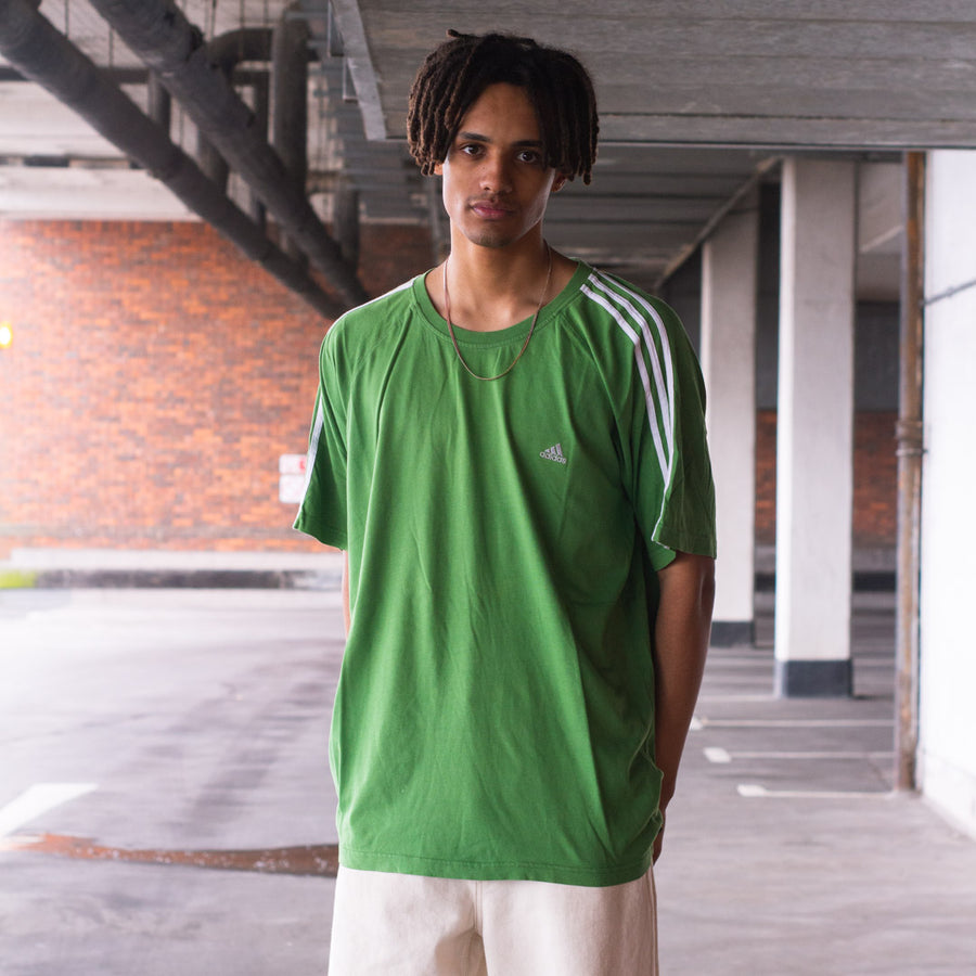 Adidas 00's Three Stripe Embroidered Logo T-Shirt in Green and White