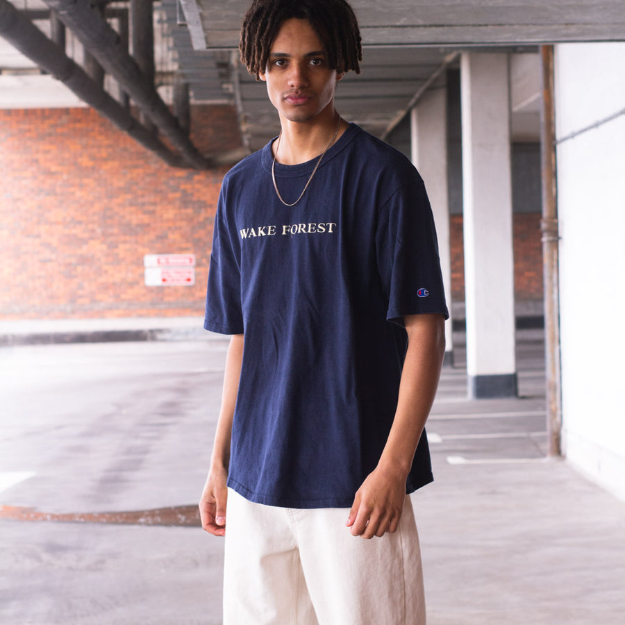 Champion 90's Embroidered Logo T-Shirt in Navy and Yellow