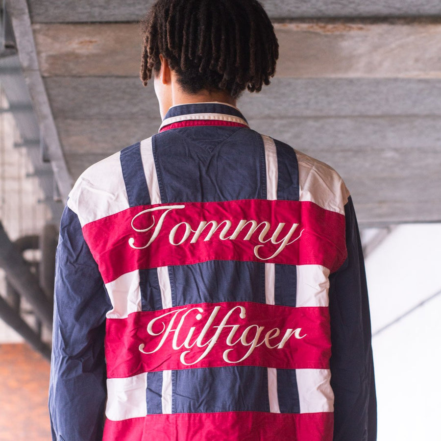 Tommy Hilfiger 90's Embroidered Spellout Shirt in Red, White and Blue