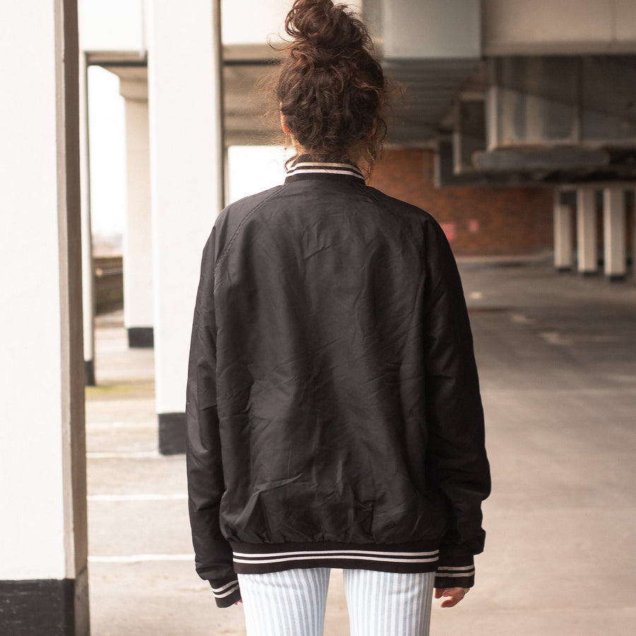 Stussy Embroidered Spellout Bomber Jacket in Black and White