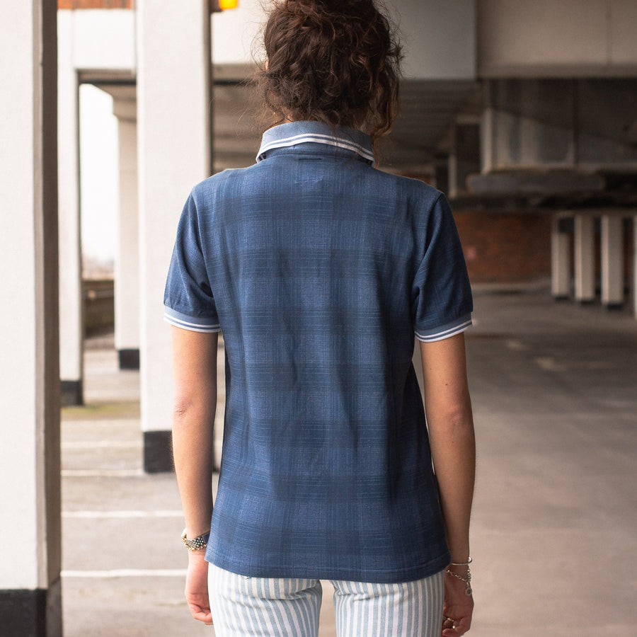 Stussy x Fred Perry Embroidered Logos Polo Shirt in a Checked Blue and White