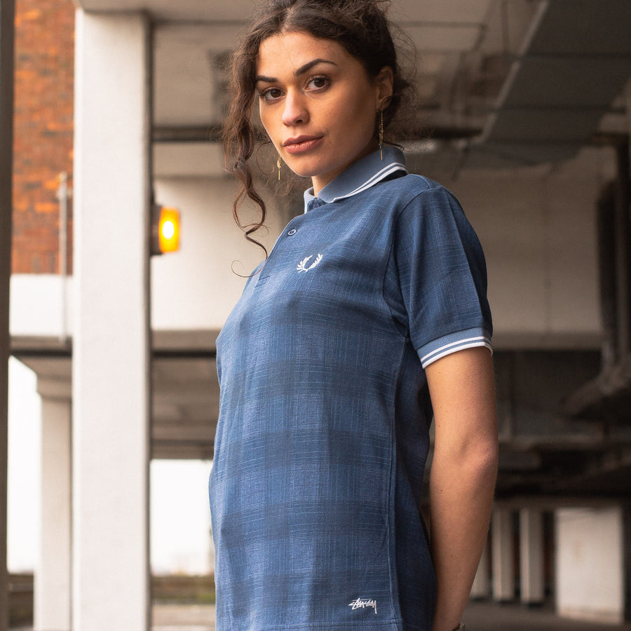 Stussy x Fred Perry Embroidered Logos Polo Shirt in a Checked Blue and White