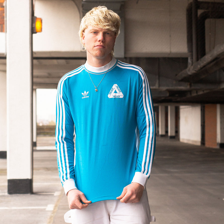 Adidas x Palace Logo and Three Striped Football Top in Teal and White