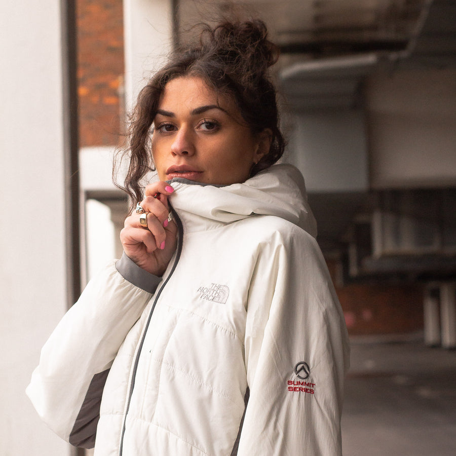 The North Face Embroidered Logo Summit Series Down Puffer Jacket in White and Grey