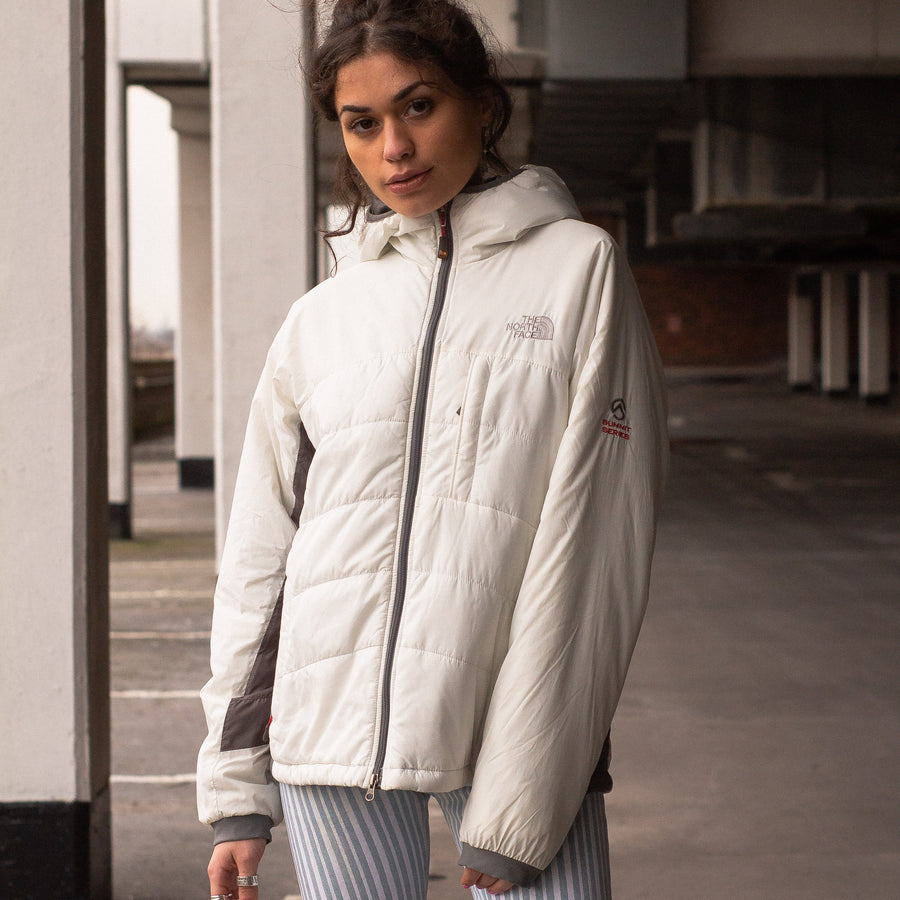 The North Face Embroidered Logo Summit Series Down Puffer Jacket in White and Grey
