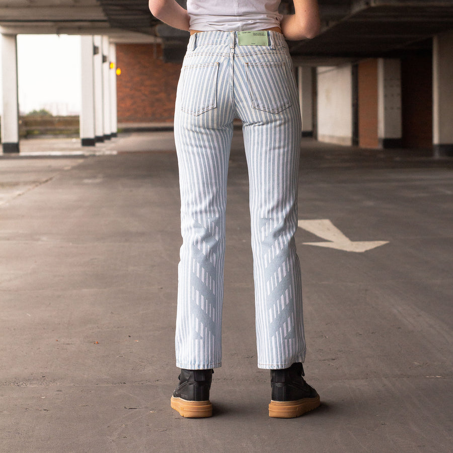 Off White Pin Striped Jeans in Baby Blue and White