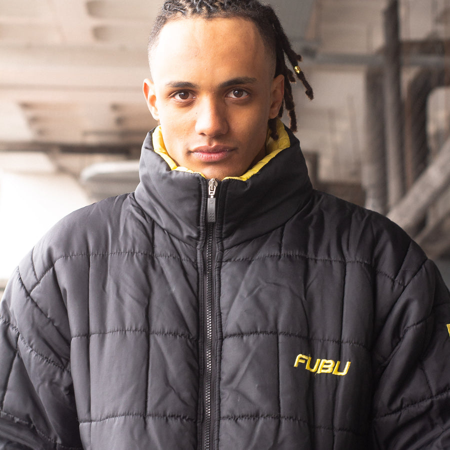 FUBU 90's Reversible 2-in-1 Embroidered Spellout Down Puffer Jacket in Black and Yellow