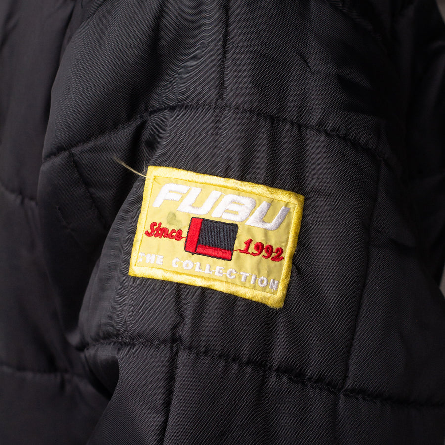 FUBU 90's Reversible 2-in-1 Embroidered Spellout Down Puffer Jacket in Black and Yellow