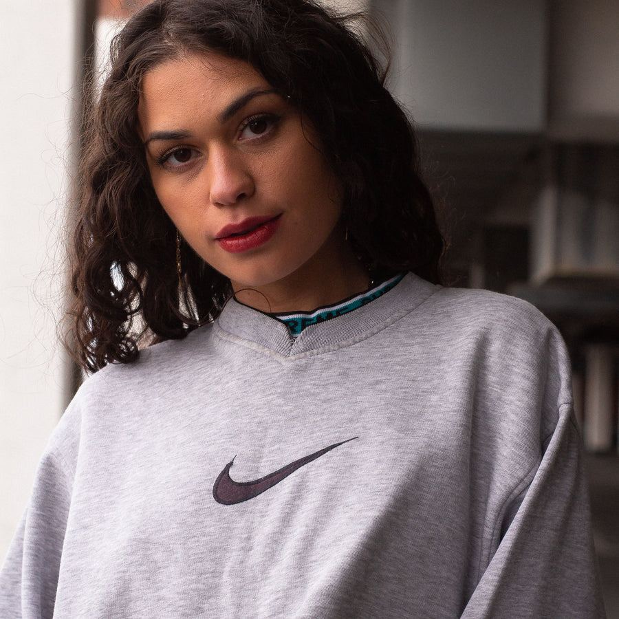 Nike Late 90's Embroidered Central Swoosh Cropped Sweatshirt in Grey and Black