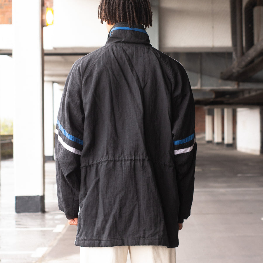 Adidas 90's Embroidered Spellout Parka Jacket in Black, White and Blue