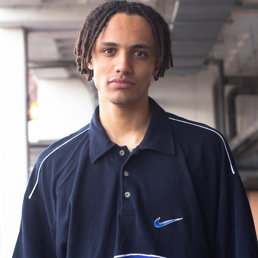 Nike Late 90's Embroidered Swoosh Polo Shirt in a Colourblock Blue and Black