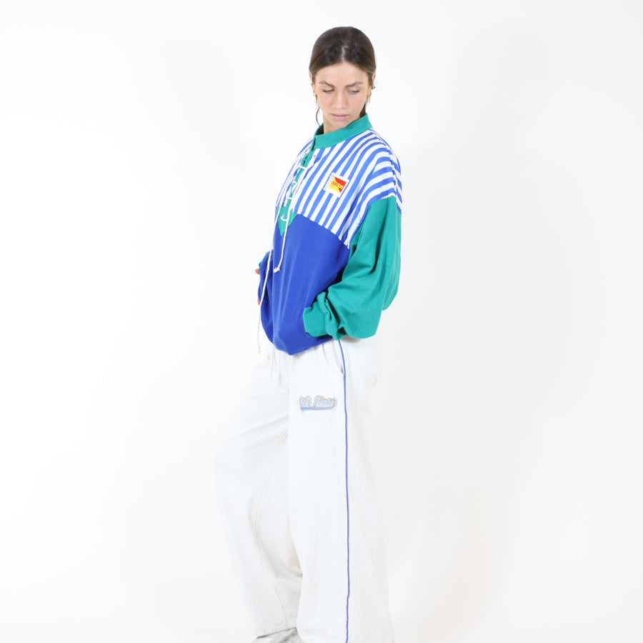 Adidas Early 80's Patch Logo Lace Up Sweatshirt in Two Tone Blue, Green and White