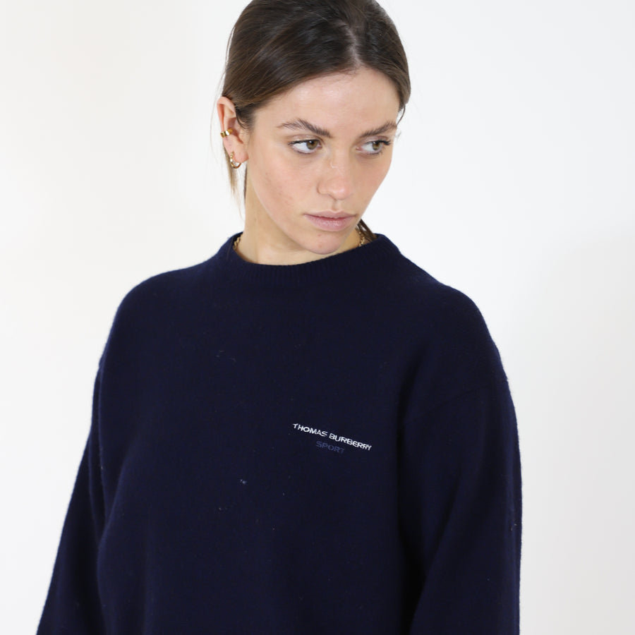 Thomas Burberry Sport 90's Embroidered Spell Out Jumper in Navy
