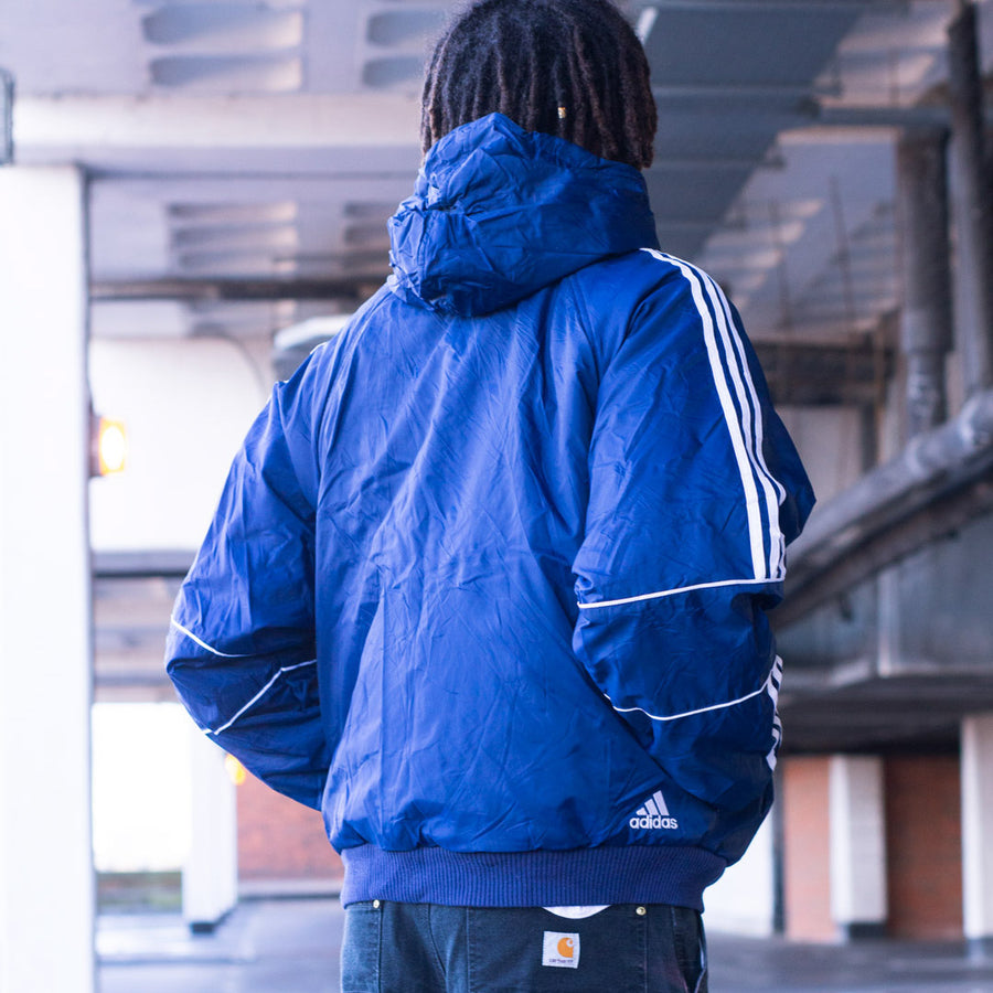 Adidas 90s puffer bomber jacket in blue and white