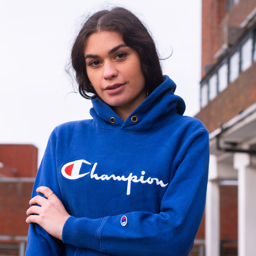 Champion spellout script hoodie in a royal blue