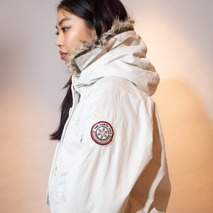 The North Face Hyvent Hooded Padded Fur Jacket in Off White