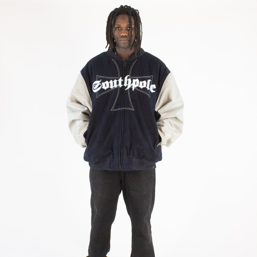 South Polo 90s Varsity Leather Jacket in Navy & Silver Grey