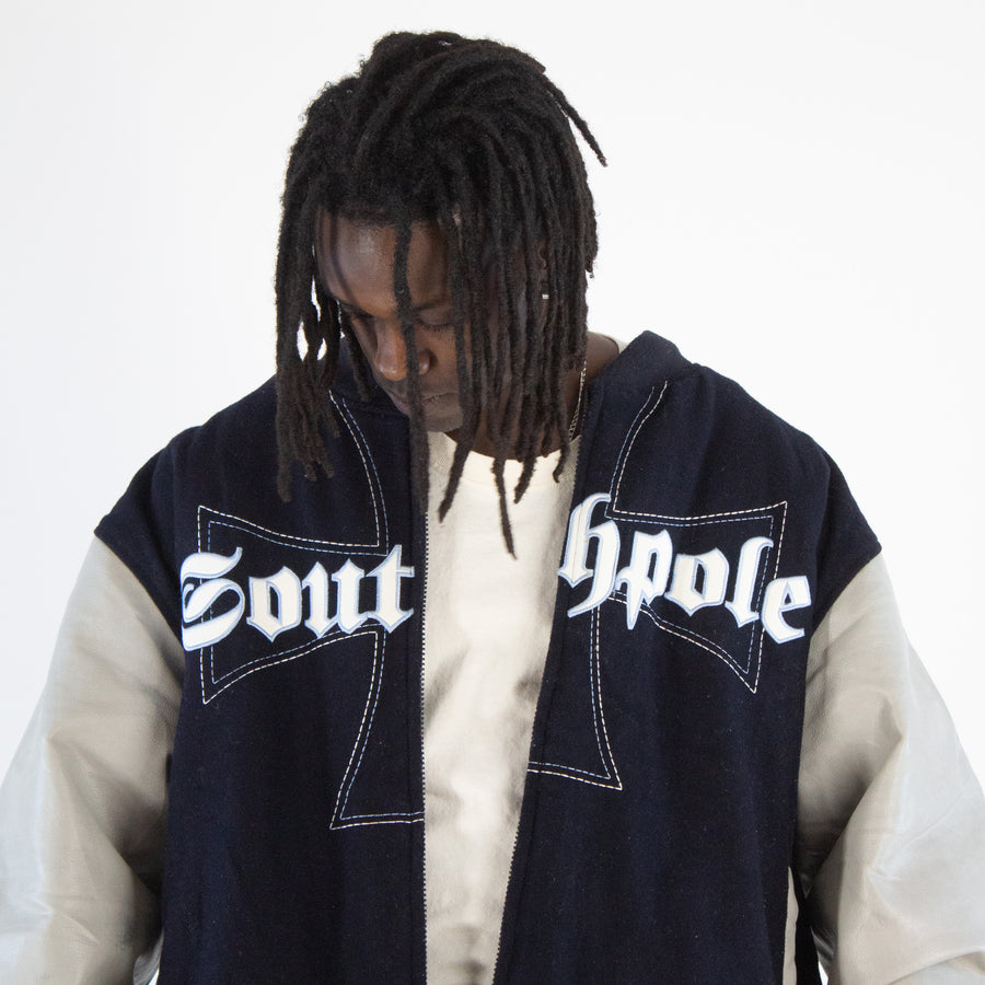 South Polo 90s Varsity Leather Jacket in Navy & Silver Grey